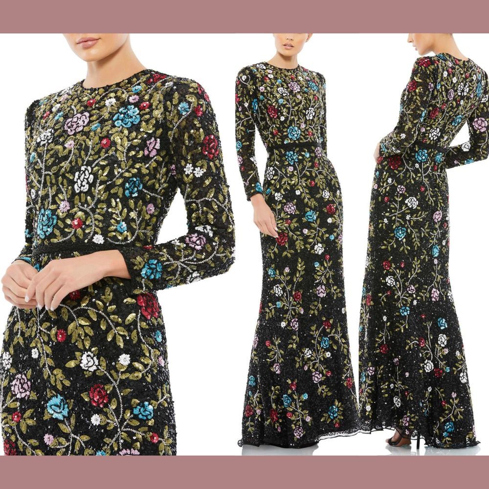 - NWT $798 Mac Duggal [ 8 ] Floral Embellished Long Sleeve Gown Black #G19…